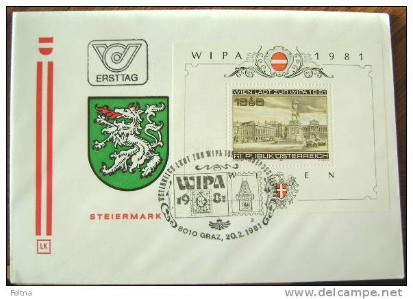 1981 AUSTRIA WIPA FDC WITH BLOCK AND STEIERMARK COAT OF ARMS - Exposiciones Filatélicas