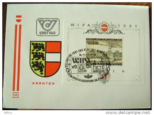 1981 AUSTRIA WIPA FDC WITH BLOCK AND KARNTEN KOROSKA COAT OF ARMS - Filatelistische Tentoonstellingen