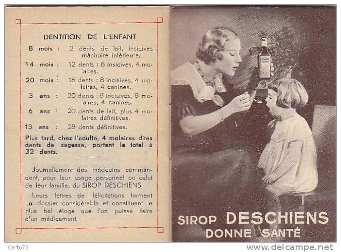 Calendrier 1936 - Agenda Sirop Deschiens - Publicité Maladie - Dentiste Dents Enfants - Formato Piccolo : 1921-40