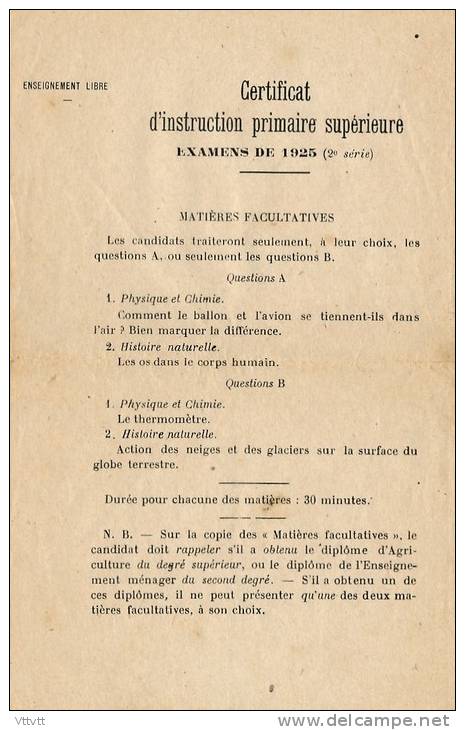 Examens De 1925, Certificat D'Etudes Primaires Supérieures : Programme De L'épreuve De Physique, Chimie, Hist. Naturelle - Diploma & School Reports