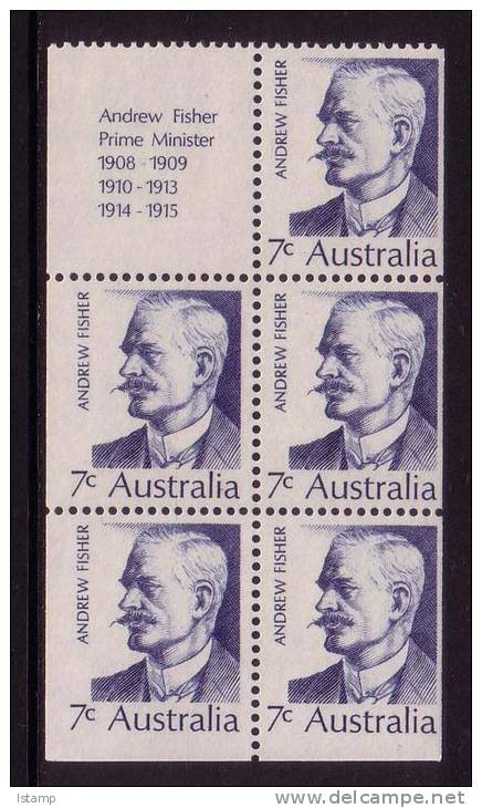 1972 - Australia PRIME MINISTERS 5 Stamps FISHER Block MNH Including Label - Blocks & Sheetlets