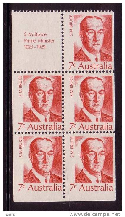 1972 - Australia PRIME MINISTERS 5 Stamps BRUCE Block MNH Including Label - Blocs - Feuillets