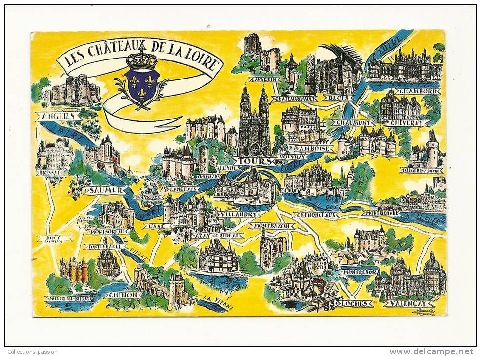 Cp, Carte Géographique, Les CHâteaux De La Loire, Voyagée 1980 - Landkarten
