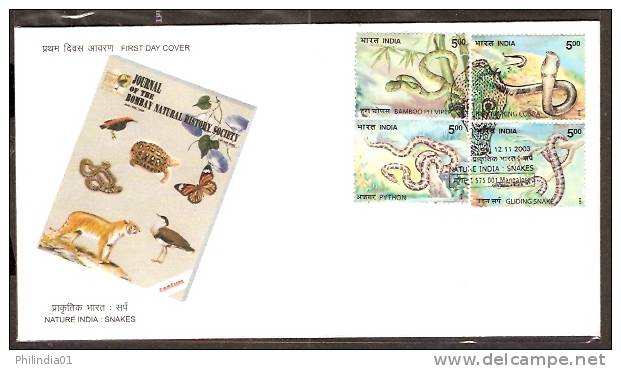 India 2003 Snakes King Cobara Python Gliding Snake Bamboo Pit Viper Reptiles Tiger Butterfly FDC+Blank Folder - Snakes
