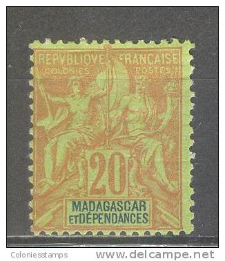 (SA0836) MADAGASCAR, 1896 ("Tablet"-type, 20c., Red And Blue On Green). Mi # 34. Mint Hinged* Stamp - Neufs