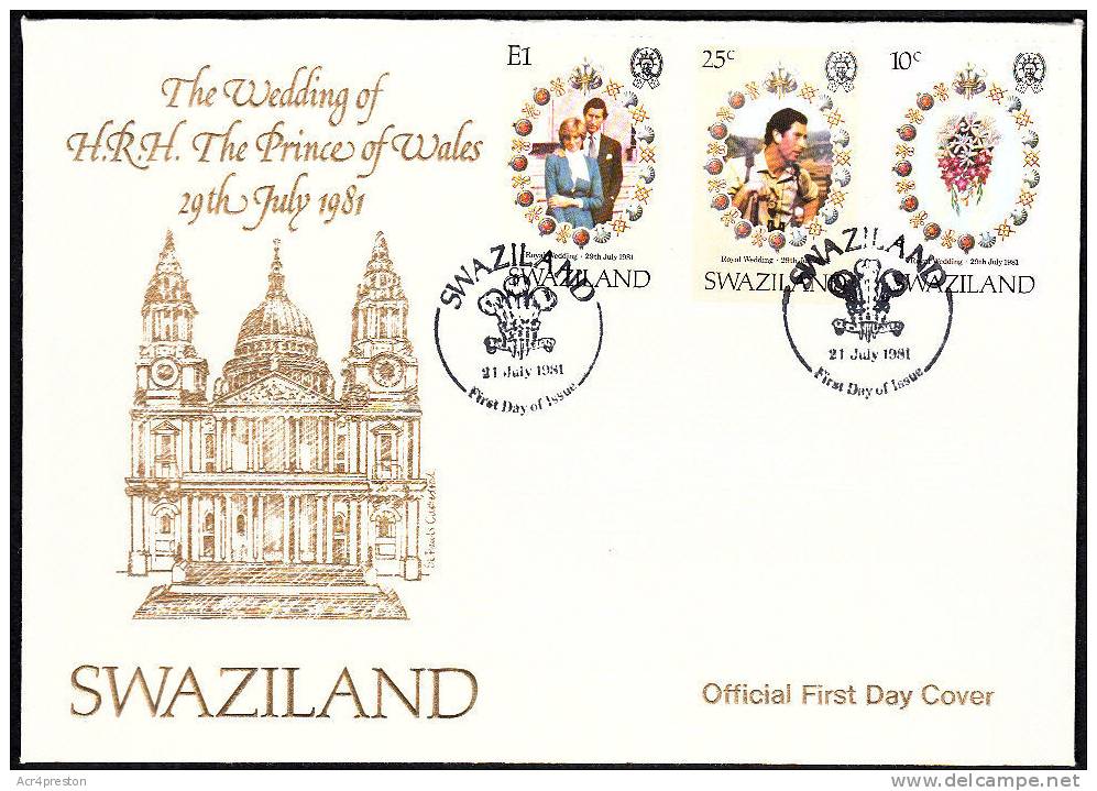 Sz0376f Swaziland 1981, SG376-378 Royal Wedding Prince Charles &amp; Lady Diana, First Day Cover - Swaziland (1968-...)