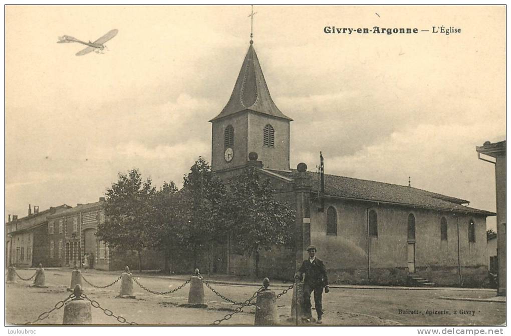 51 GIVRY EN ARGONNE L'EGLISE ET AVION PRECURSEUR SURVOLANT LE VILLAGE - Givry En Argonne