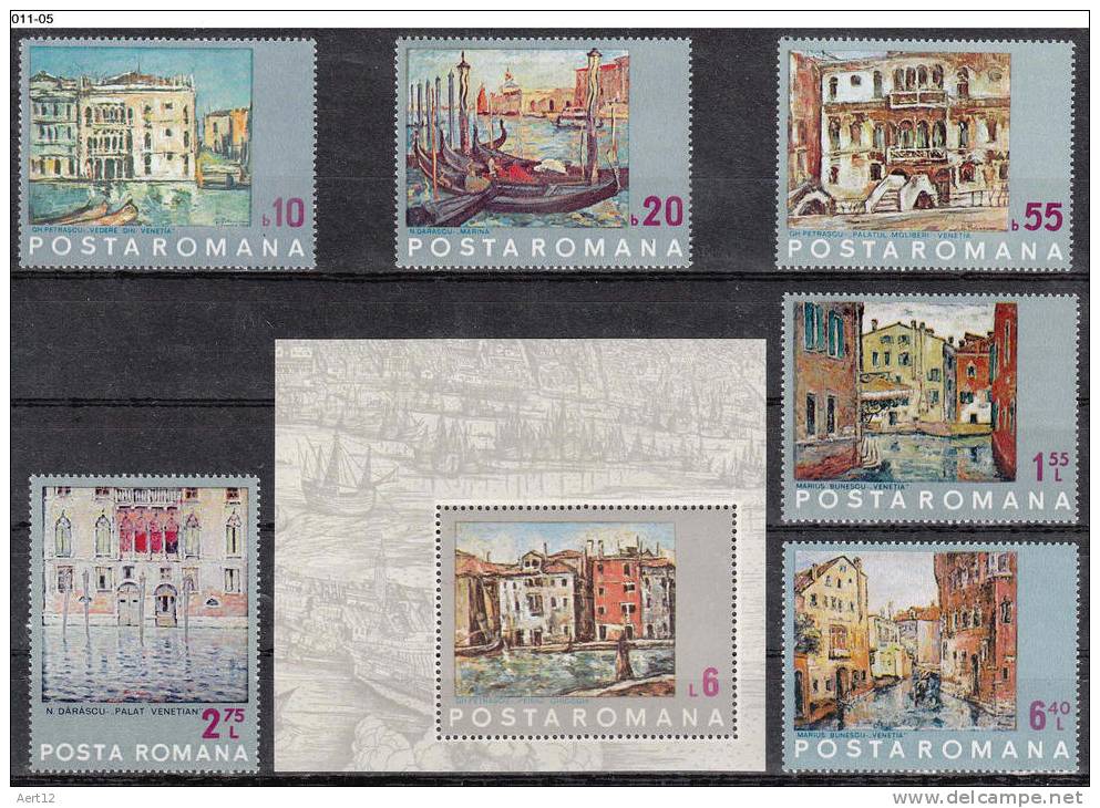 ROMANIA, 1972, Paintings Of Venice, Set Of 6 + Souvenir Sheet, MNH (**), Sc/Mi 2374-80 / 3053-58, Bl-99 - Nuevos