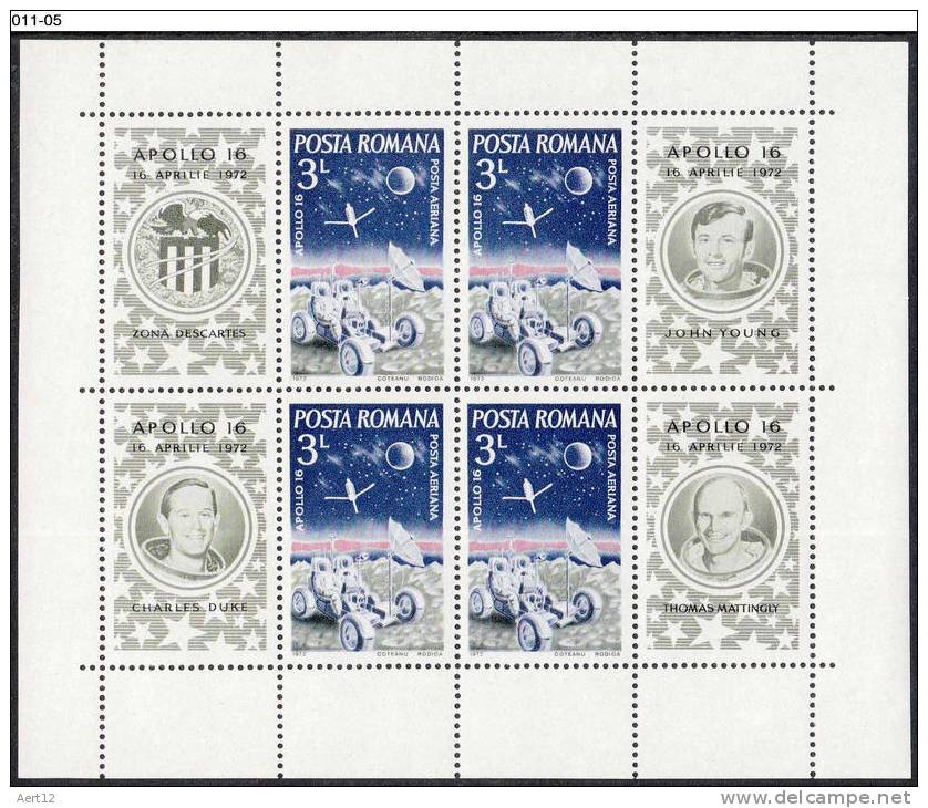 ROMANIA, 1972, Apollo 16 US Moon Mission,  Sheet Of 4 Stamps + 4 Lahels, MNH (**); Sc. C188 - Ungebraucht