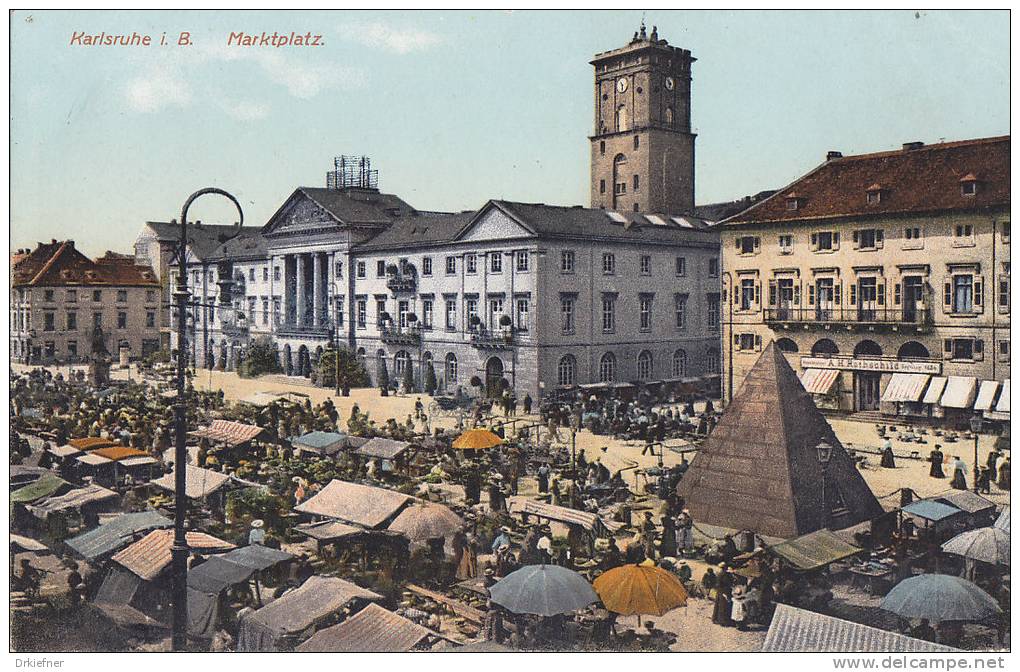 Karlsruhe, Markttreiben Auf Dem Marktplatz, Mit Rathaus Und Pyramide, Um 1910 - Karlsruhe