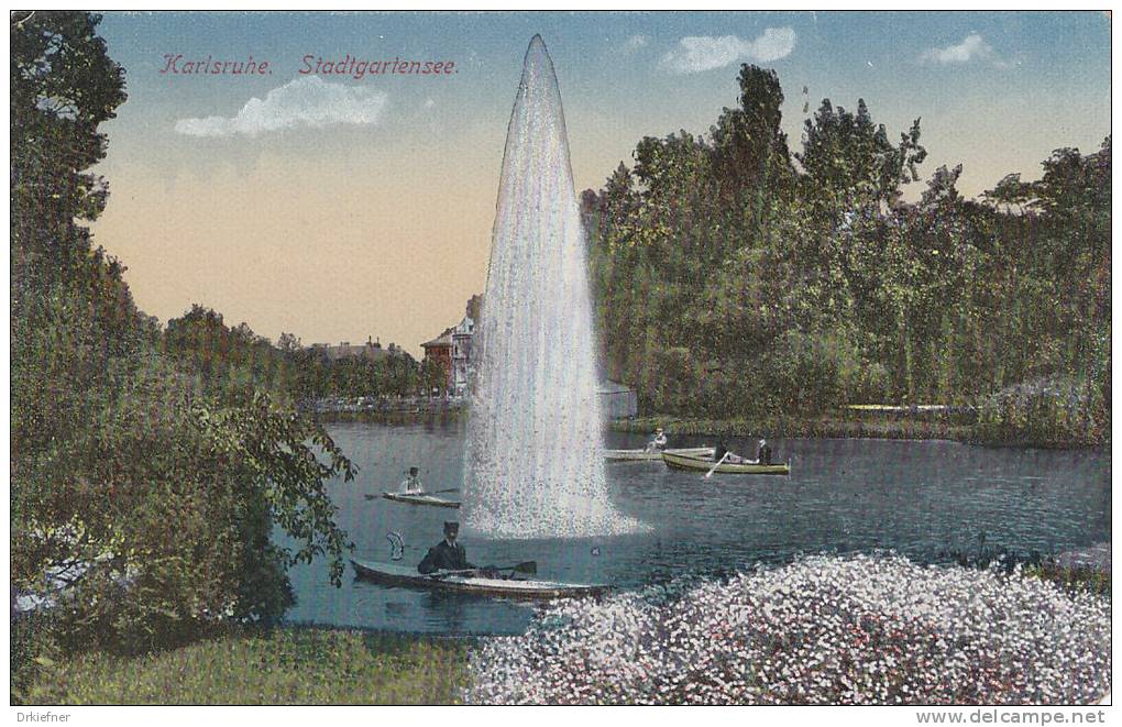 LITHOGRAPHIE: Karlsruhe, Stadtgartensee, Föntäne, Paddelboot, Ruderboot, Um 1910 - Karlsruhe