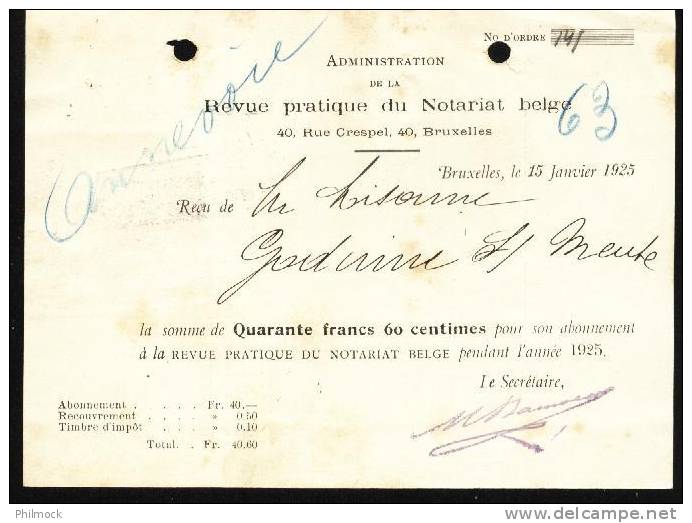Abonnement Pour Revue Notarial Belge - St-Gilles(Brux) 16-Jan-1925 Sur 211+Fiscal Via Annevoie - 1929-1937 Lion Héraldique