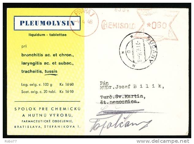 1946 Czechoslovakia Postal Card. Pleumolysin. Praha 1, 4.4.46., Sucany. Druggist, Pharmaceutics, Pharmacy. (Zb05123) - Pharmazie