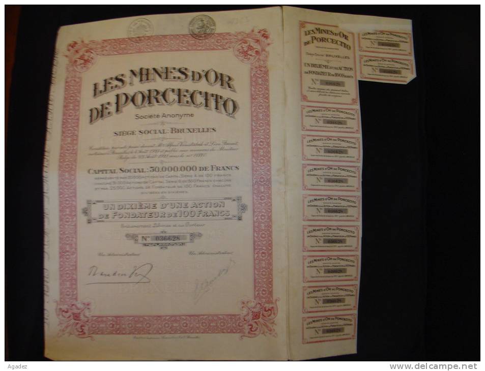 10ème D'action De Fondateur " Mines D'or De Porcecito "  Minas De Oro Colombia Colombie 1928 Gold Mine Columbia - Mijnen