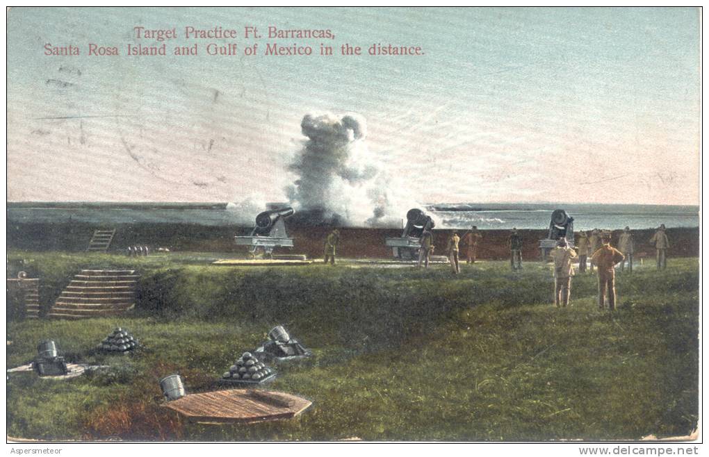 TARGET PRACTICE FT. BARRANCAS SANTA ROSA ISLAND AND GULF OF MEXICO IN THE DISTANCE WRITTEN IN ESPERANTO CIRCULEE 1906 - Pensacola