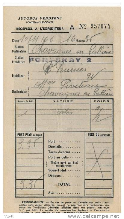 1966, Autobus Vendéens, Fontenay-le-Comte, Récépissé à L'expéditeur, Chavagnes-en-Palliers, 1 Colis, Prunier, Piveteau - Transportmiddelen