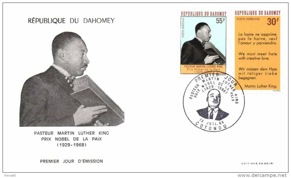 Dahomey Benin 1968 Mi. 346-348, 2 FDC, Martin Luther King, Peace Nobel Prize - Bénin – Dahomey (1960-...)