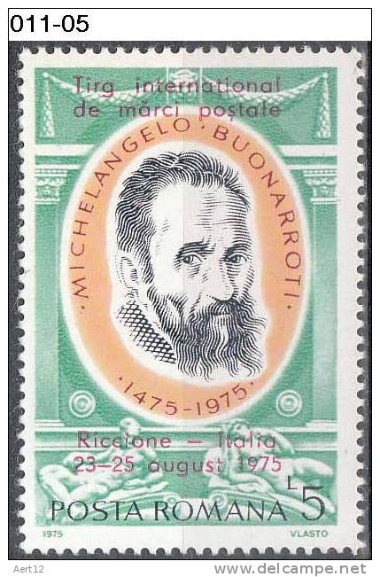 ROMANIA, 1975, Michelangelo, Portrait, Painting, Famous People, Philatelic Exhibition, Overprint, MNH (**), Sc 2581 - Ungebraucht