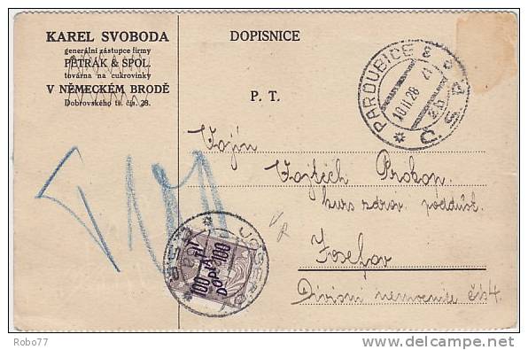 1928 Czechoslovakia Postal Card With Postage Due Stamp. Pardubice 10.II.28. Josefov. (A08047) - Timbres-taxe