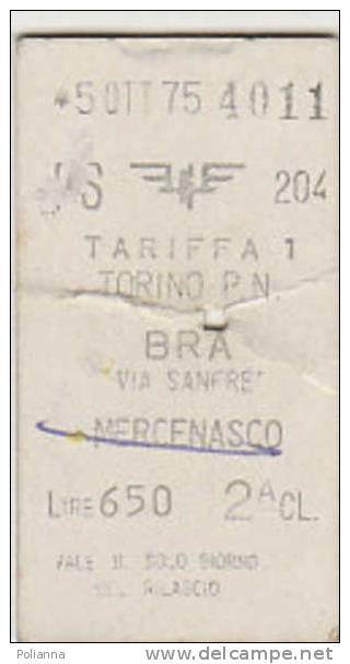 PO2785# Biglietto TRENO F.S. FERROVIE - TORINO P.N. - BRA Via SANFRE' MERCENASCO 2^ Classe 1975 - Europe