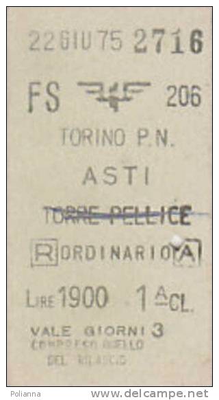 PO2786# Biglietto TRENO F.S. FERROVIE - TORINO P.N. - ASTI TORRE PELLICE 1^ Classe 1975 - Europe