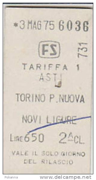 PO2787# Biglietto TRENO F.S. FERROVIE - ASTI - TORINO P.N. - NOVI LIGURE 2^ Classe 1975 - Europa