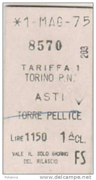 PO2788# Biglietto TRENO F.S. FERROVIE - TORINO P.N. - ASTI TORRE PELLICE 1^ Classe 1975 - Europe