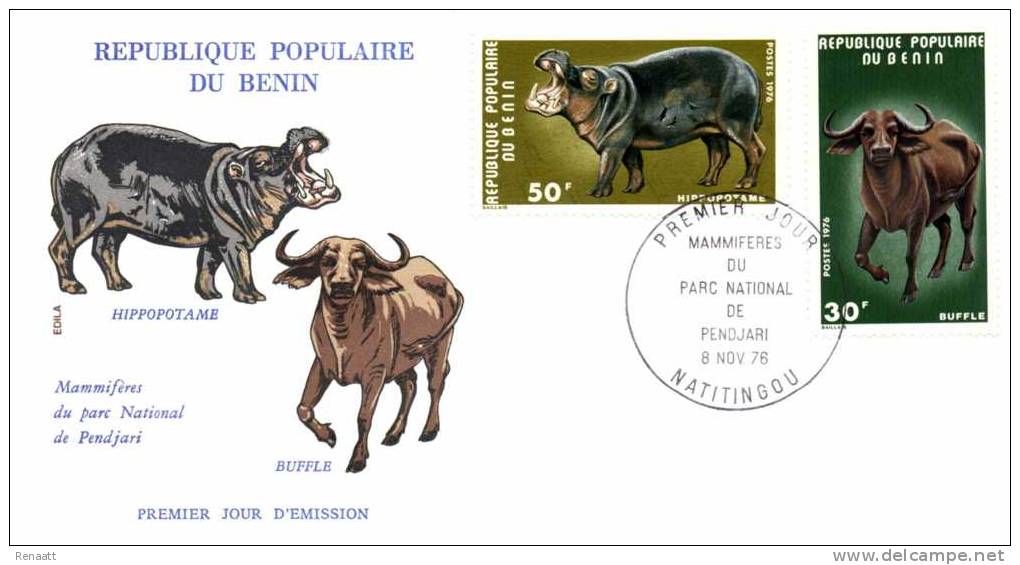 Benin 1976 Mi. 72-73 FDC, African Mammals, Red Buffalo, Hippo - Benin – Dahomey (1960-...)