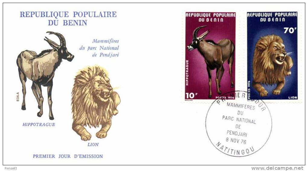 Benin 1976 Mi. 71, 74 FDC, African Mammals, Horse Antelope Hippotragues, Lion - Benin - Dahomey (1960-...)