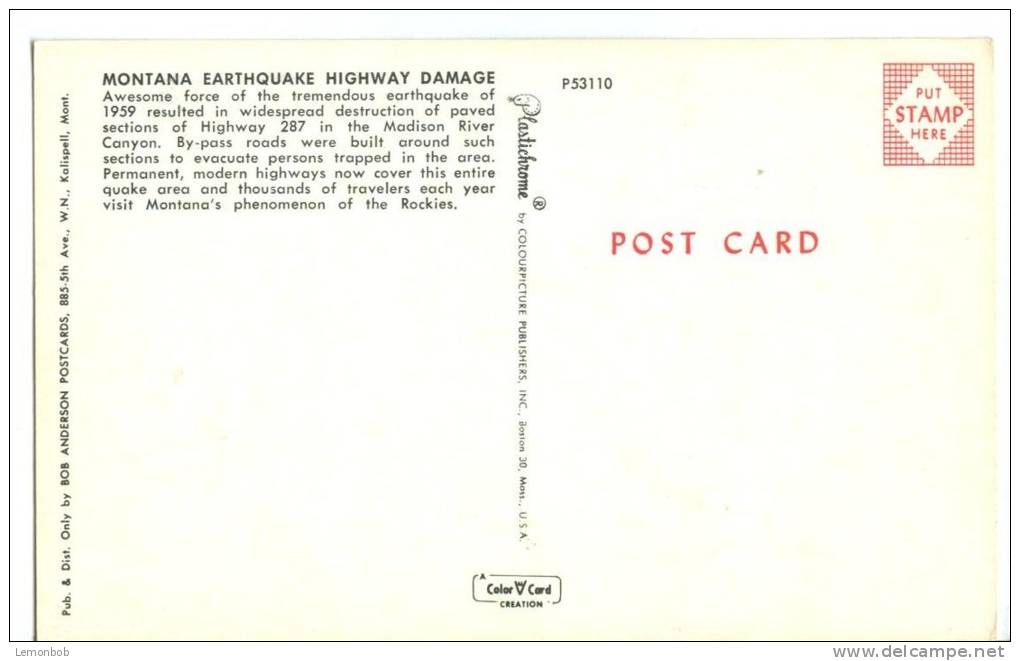 USA, Montana 1959 Earthquake Highway 287 Damage Unused Postcard [P8164] - Autres & Non Classés