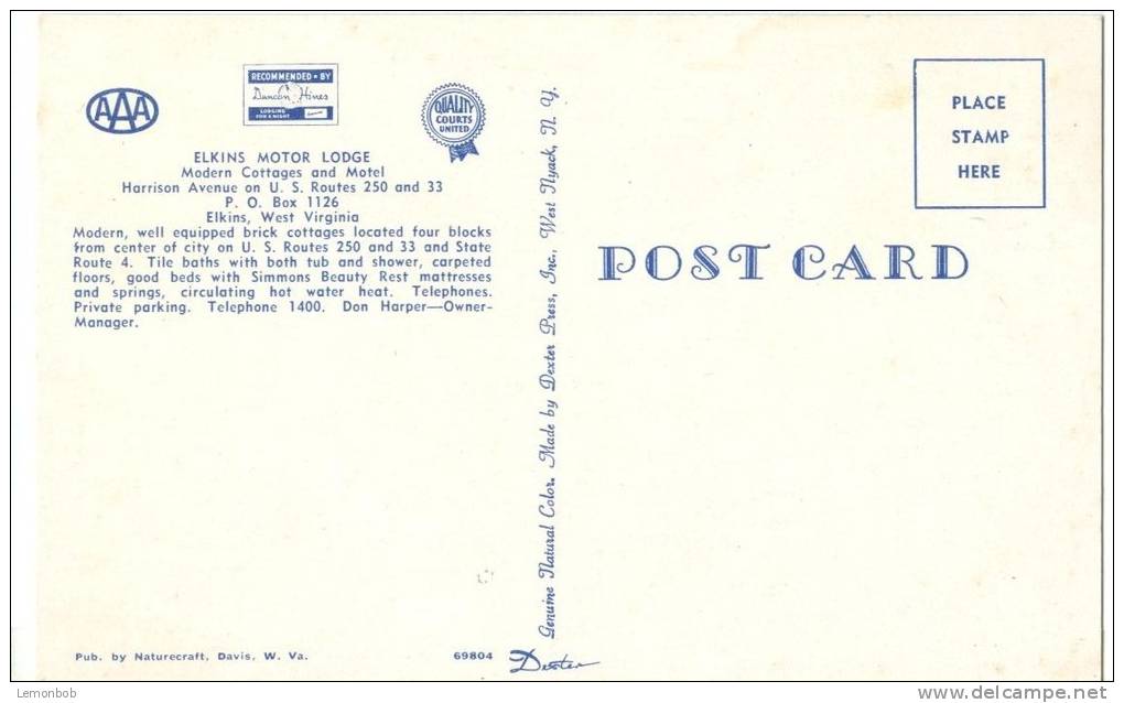 USA, Elkins Motor Lodge, Harrison Avenue, Routes 250 And 33, West Virginia, Unused Postcard [P8178] - Otros & Sin Clasificación