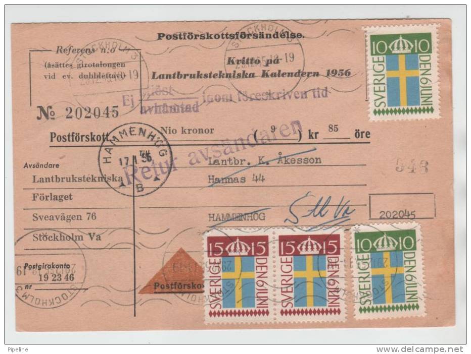 Sweden C. O. D. Cash On Delivery Receipt Hammenhög 27-1-1956 FLAG Stamps - Lettres & Documents
