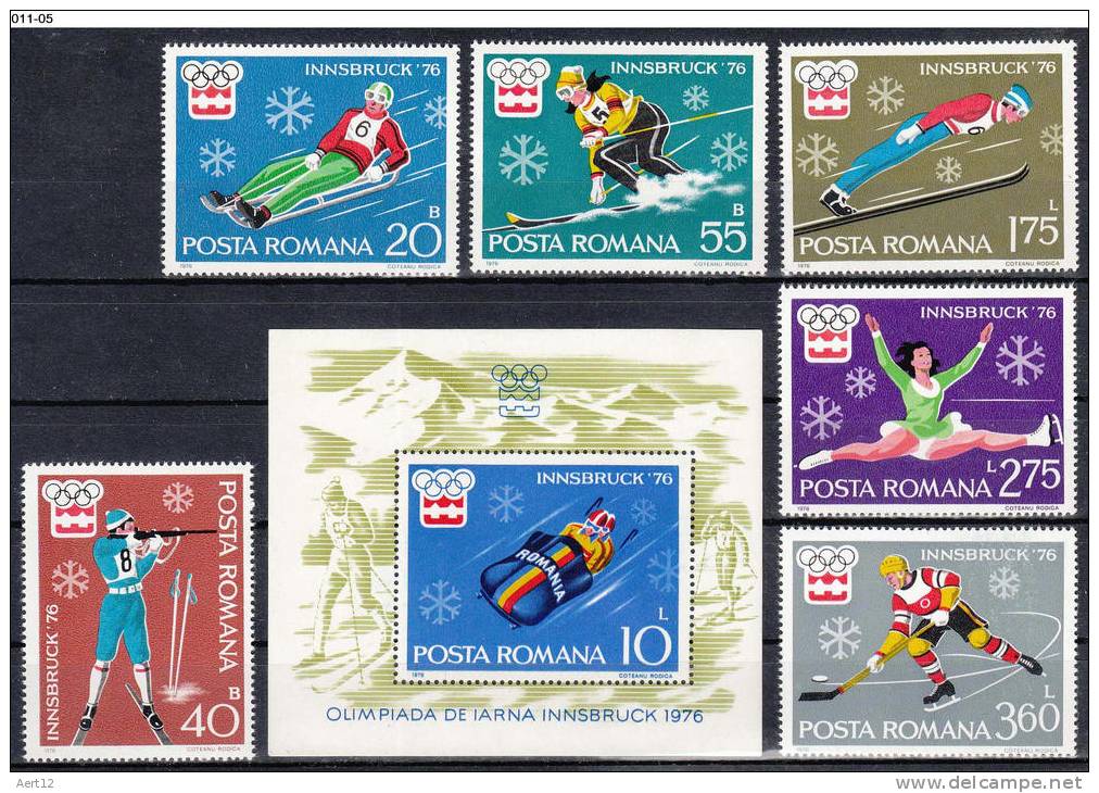 ROMANIA, 1976, 12th Winter Olympic Games, Innsbruck; MNH (**), Sc. 2596-2601, 2602 - Inverno1976: Innsbruck