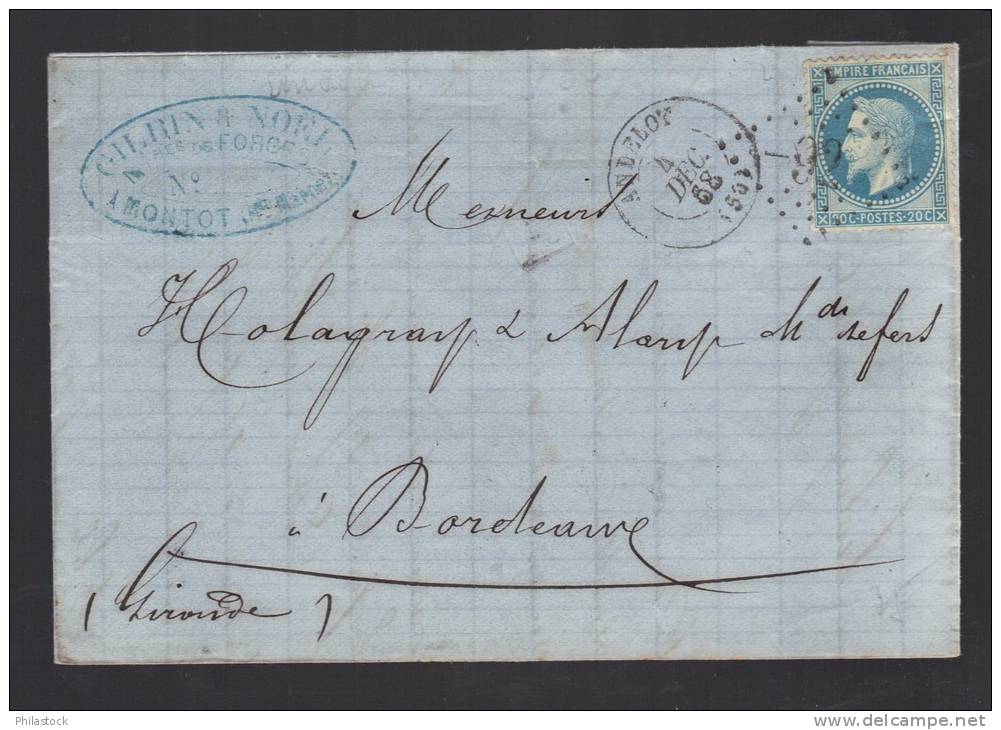 FRANCE 1868 N° 29  Obl. S/Lettre Entiére GC 92 & Petit C à D Andelot - 1863-1870 Napoléon III Lauré