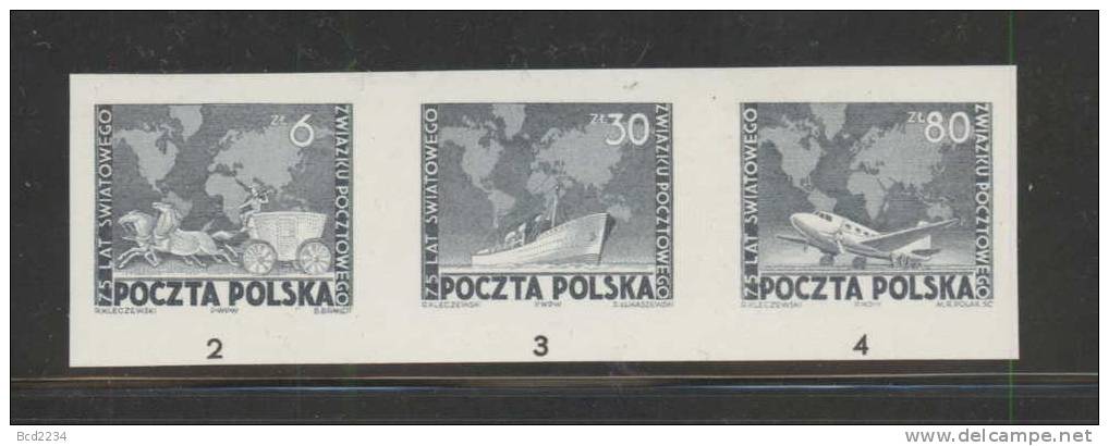 POLAND 1949 75TH ANNIV OF UPU STRIP OF 3 BLACK PROOFS NHM (NO GUM) MAPS PLANES SHIPS HORSES CARRIAGES - Kutschen