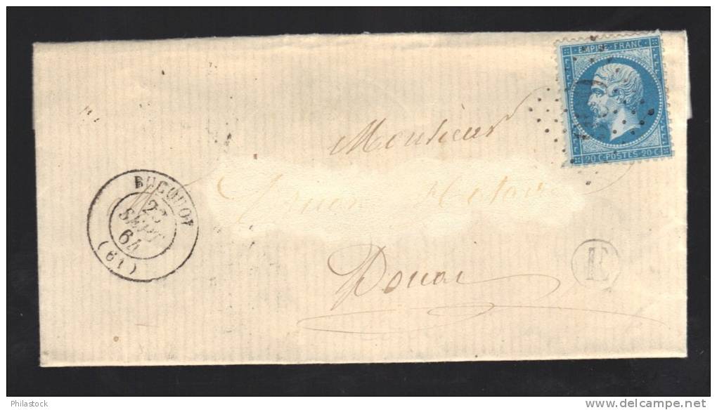 FRANCE 1864 N° 22 Obl. S/Lettre Entiére GC 666 & C à D Bucquoy + Cachet De Facteur - 1862 Napoleon III