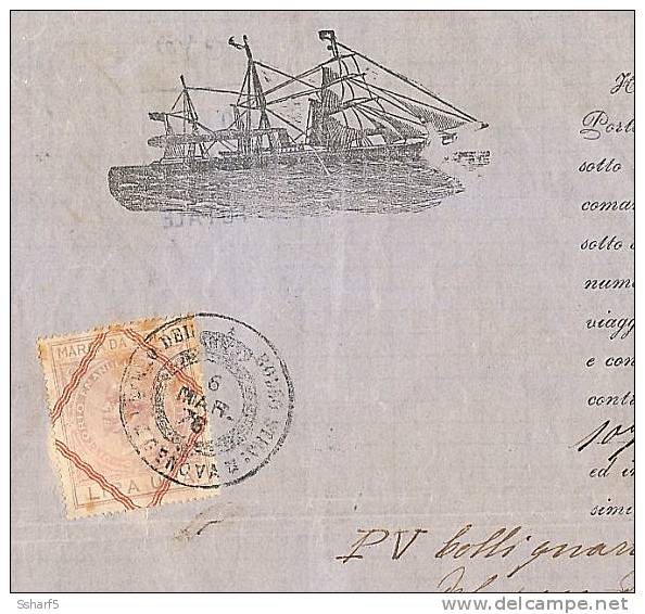 Documento Marittimo 1878 Con MARCA Da BOLLO 1 Lira + Grafica Bellissima Di NAVE / BARCA Che Va In Uruguay - Steuermarken