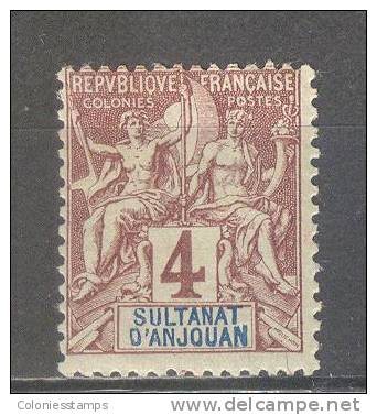 (SA0656) ANJOUAN, 1892 ("Tablet"-type, 4c., Claret And Blue On Lavender). Mi # 3. Mint Hinged* Stamp - Neufs