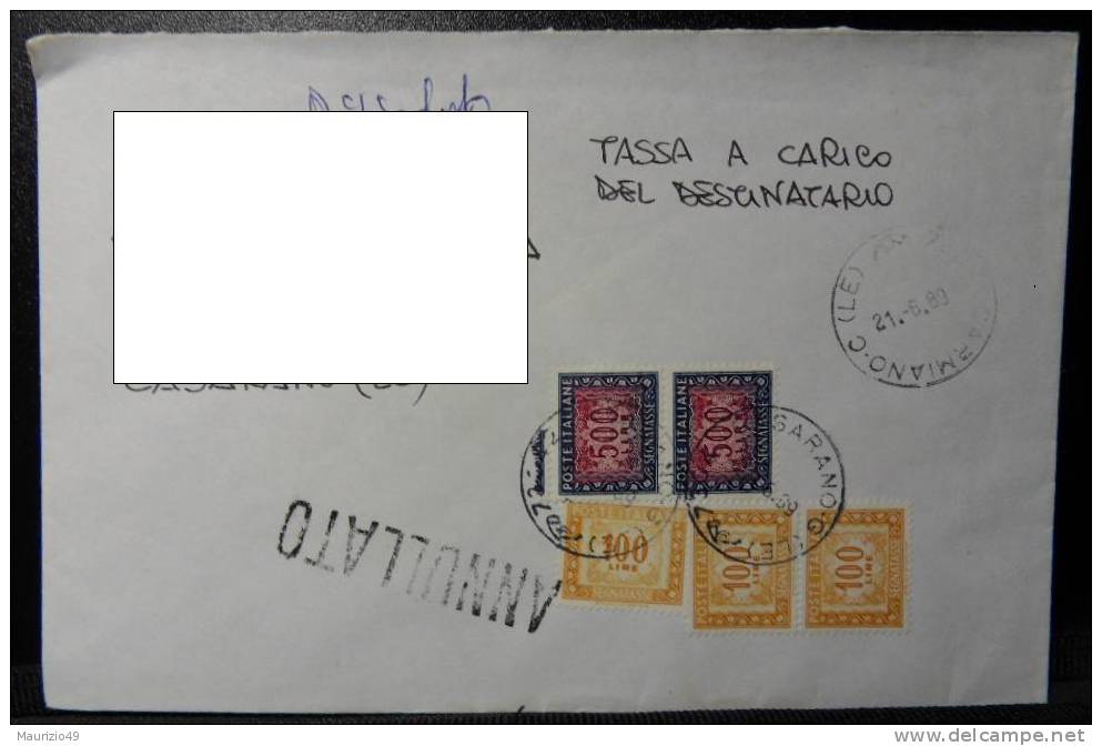 CASARANO (LE) 1989 21 Giu (arrivo) LETTERA TASSATA  DA CARMIANO - SEGNATASSE 2 X 500 + 3 X 100 Lire - 1981-90: Storia Postale