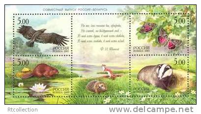 Russia & Belarus 2005 Joint Issue Fauna NATURE Wild Animals Eagle Butterfly Beaver Badger Flower Michel 1255-1258 BL79 - Collections