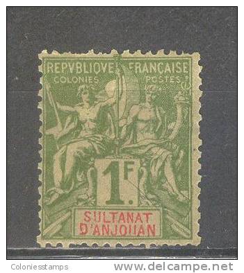 (SA0659) ANJOUAN, 1892 ("Tablet"-type, 1f., Olive Green And Red On Straw). Mi # 13. Mint Hinged* Stamp - Nuevos