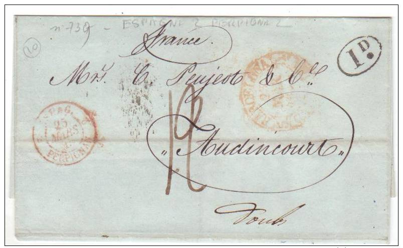 Cachet  D'entrée - Espag. Perpignan 25 Mars 1845 Pour Audincourt - 1801-1848: Voorlopers XIX