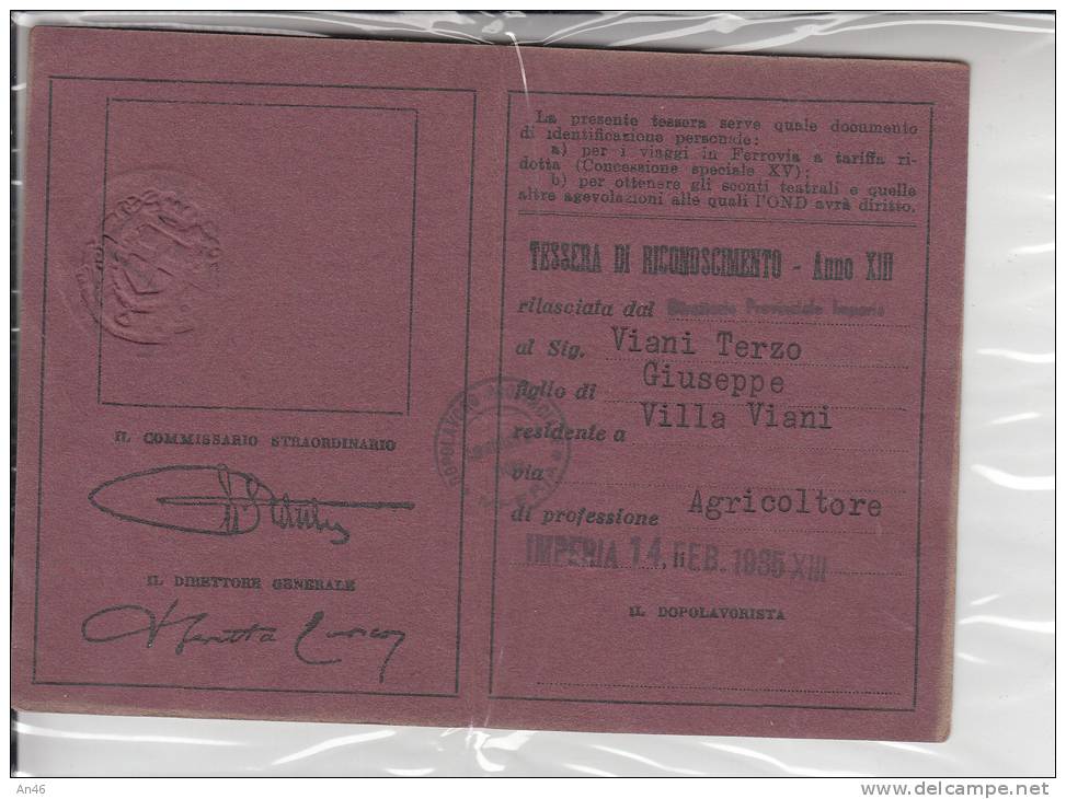 TESSERA DEL1935-OND OPERA NAZIONALE DOPOLAVORO - Collezioni