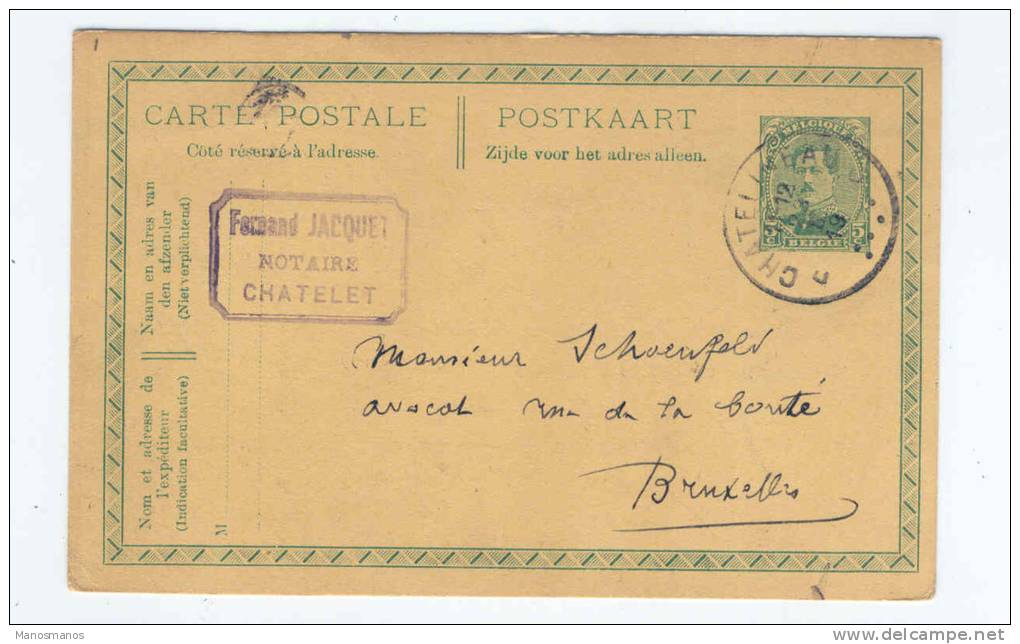 711/18 - Entier Albert 15 CHATELINEAU 1919 Vers BXL - Cachet Notaire Jacquet à CHATELET - Cartes Postales 1909-1934