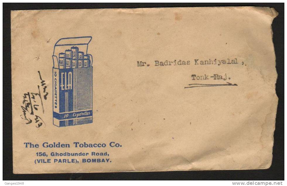 India 1944  Golden Tobacco Company ELA Cigarettes Mailed Cover # 33343 Indien Inde - Tobacco