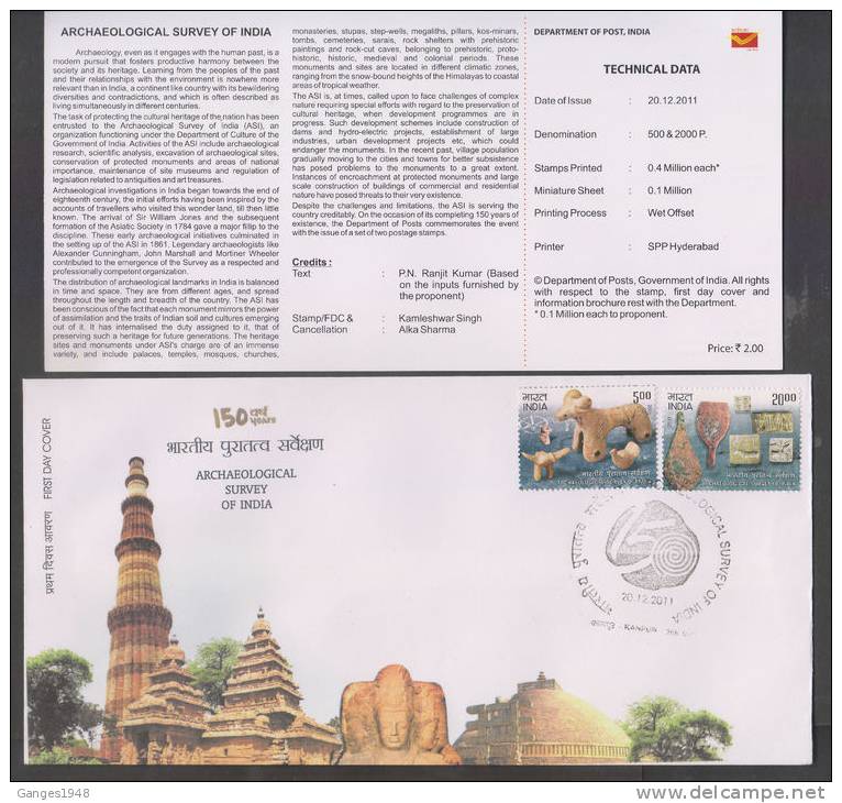 India 2011 ARCHEOLOGICAL SURVEY Excavated Artefacts Buddha Stupa Qutub Minar FDC + PLAIN BROCHURE # 33201 Indien Inde - Archaeology