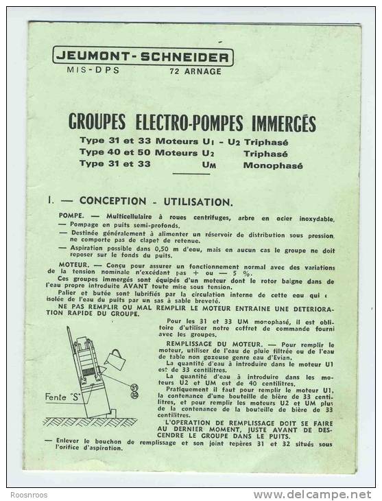 NOTICE  TECHNIQUE POMPE IMMERGEE JEUMONT-SCHNEIDER A ARNAGE 72 - VIEUX PAPIERS - Matériel Et Accessoires