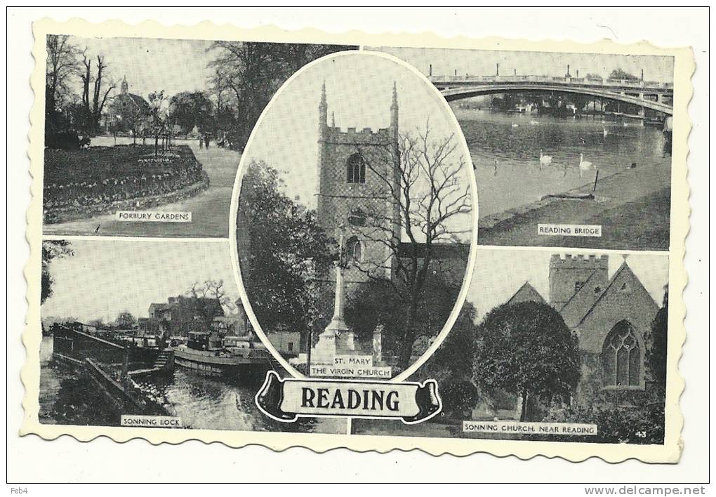 READING - ENGLAND - MULTIVIEW - FORBURY GARDEN-SONNING LOCK-CHURCH-BRIDGE - 2PICS  *(gb784) - Reading