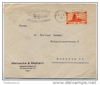 SAARGEBIET  Mi. 143  Einzelfrankatur  Saarbrücken - Dresden  1931 - Briefe U. Dokumente