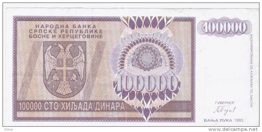 Bankonote Republic Of Srpska 100 000 Dinara 1993( P-141) - Bosnia Y Herzegovina